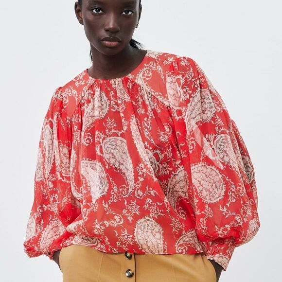 ZARA Chiffon Blouse Floral Print Balloon Sleeves New - Picture 9 of 9